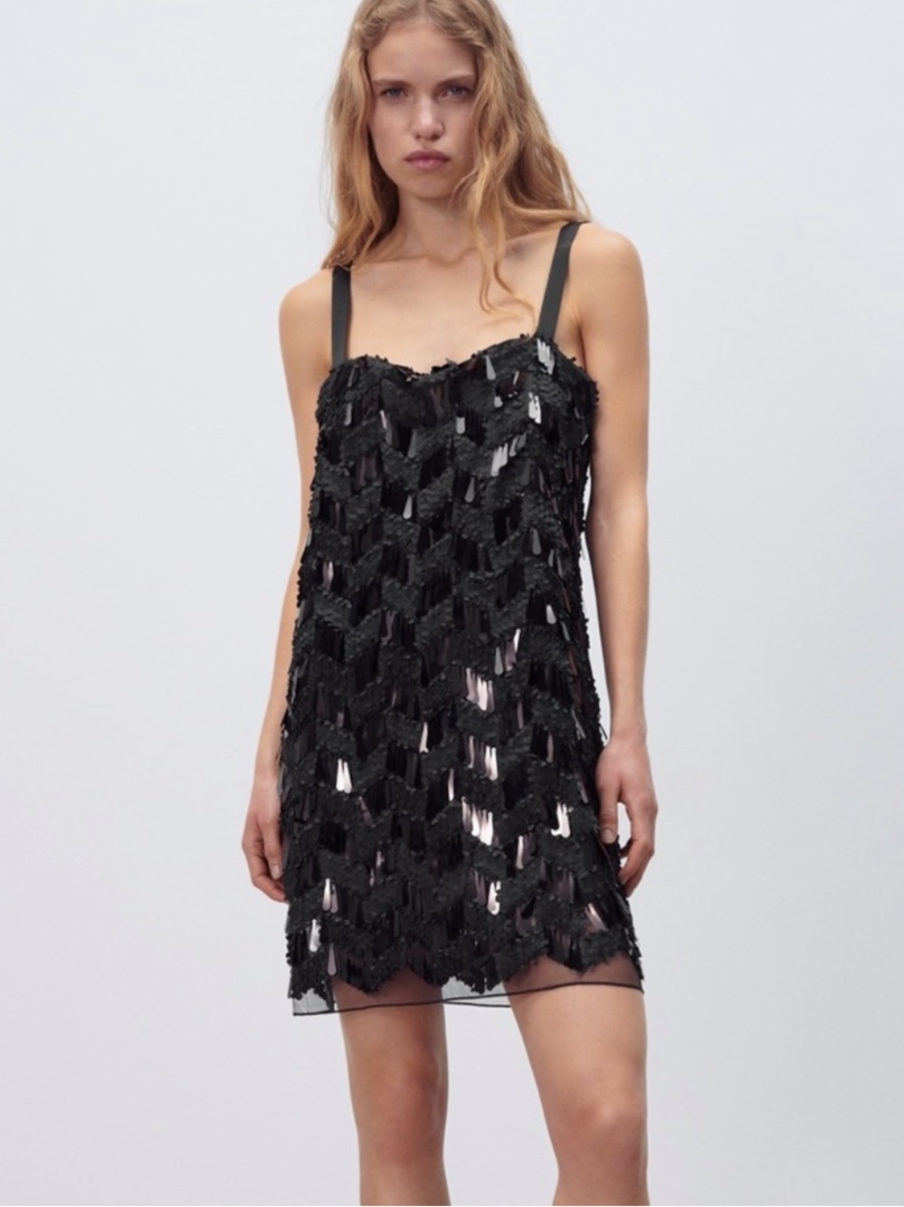 NWT Zara Black Sequin Fringe Mini Dress with satin Straps sz S